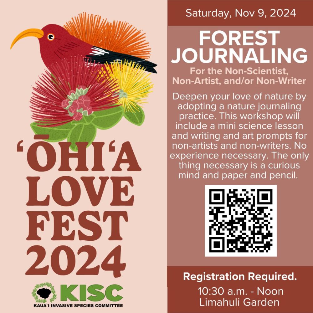 graphic about forest journaling event at 'Ōhi'a love fest on saturday, november 9, 2024.